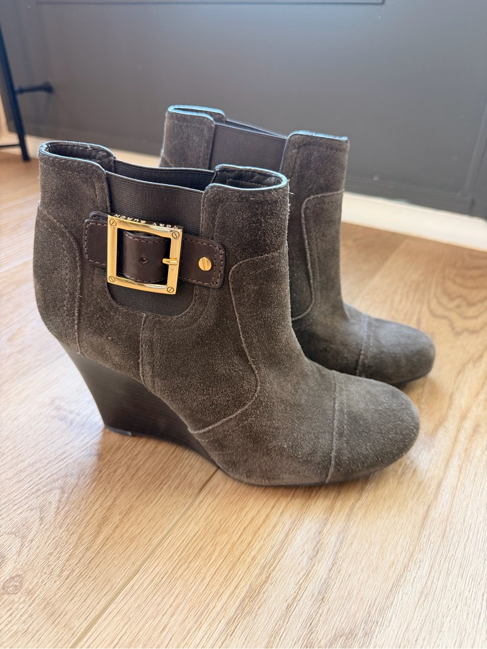 Tory Burch Suede Wedge Ankle Booties with Gold Buckle - Dusty Brown - Size 8